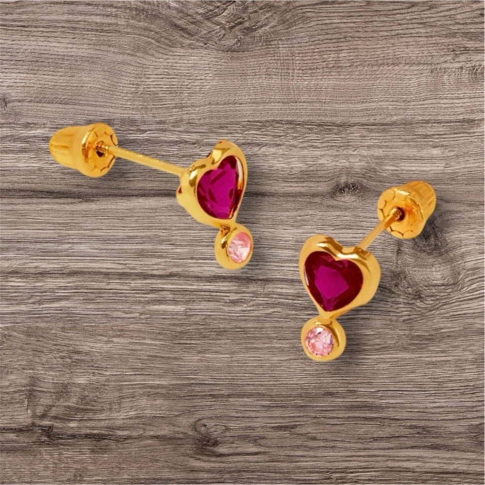 14 karat gold, ruby and pink heart stud
